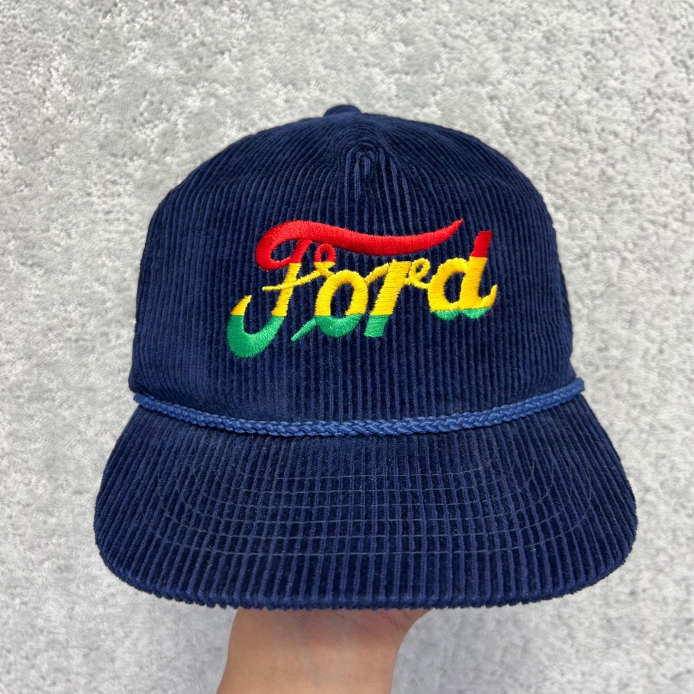 VINTAGE Ford Corduroy Rope Hat Navy Blue Embroidered AmaPro Trucker Cap OSFA 80s